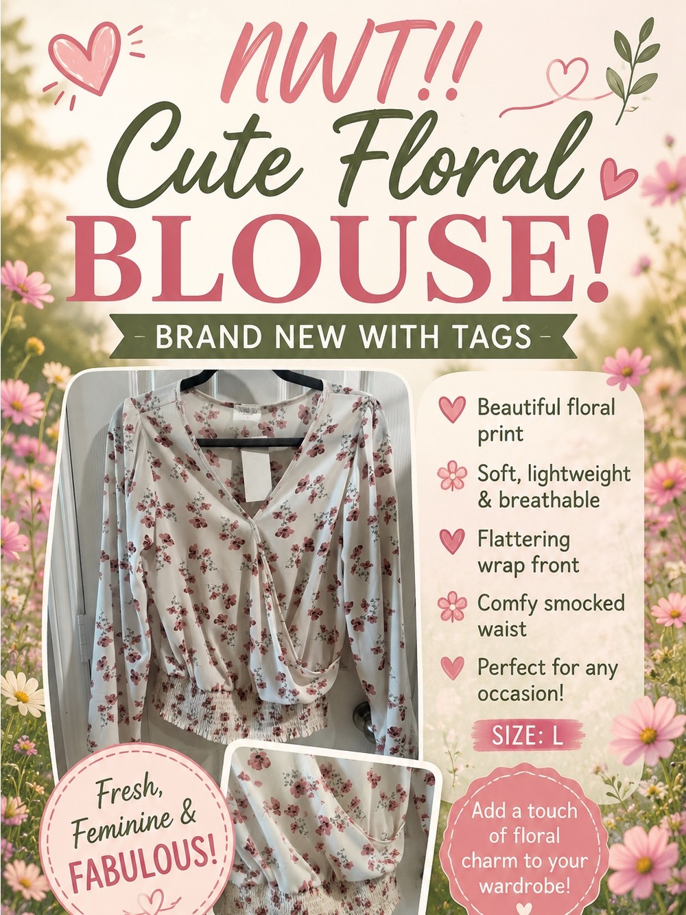 White Floral Wrap Blouse with Pink Rose Print! NWT°ʚ🎀ɞ°